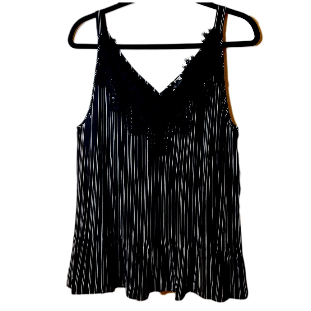 Chico's size 3 black and white striped tank top camisole with lace neckline